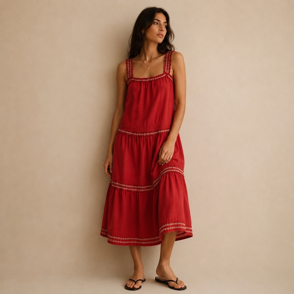 Old Navy Brick Red Embroidered Ruffle Strap Midi Dress Sz L